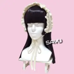 ヘッドドレス　ボンネット　編み物　ハンドメイド　白　ロリータ　レトロ　天使界隈