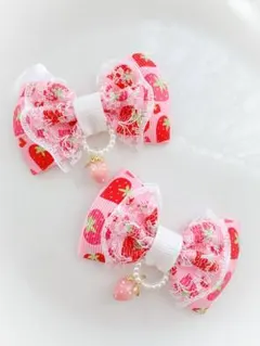 キッズ　ヘアゴム　リボン　リボンゴム　ハンドメイド　いちご　いちごチャーム