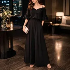 【DRESS＋】　S ブラック 2way セットアップ 袖フリル ワイドパンツ