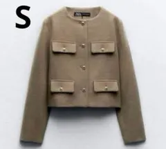 ZARA ザラ フラップクロップドブレザー ツイード 金ボタン S