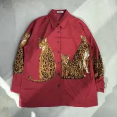 vintage アートプリント レオパードシャツ 赤 個性派 Y2K ストリート