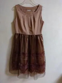 アクシーズファム　オレンジ茶系チュールレース切り替えワンピース