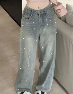 パール装飾 ワイドデニムパンツ ライトブルーのサムネイル