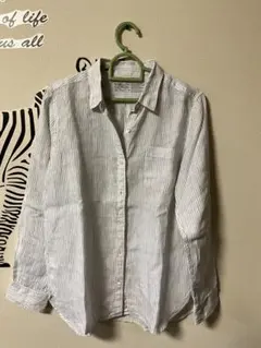 ま*も様 無印良品　白ストライプ 長袖リネンシャツ