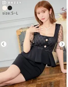 [美品]DAZZY ペプラムフラワー格子シアー五分袖キャバドレス