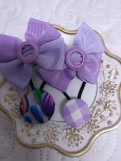 お買い得 ！パープルバレッタとくるみボタンのヘアアクセサリーセット全部で3品