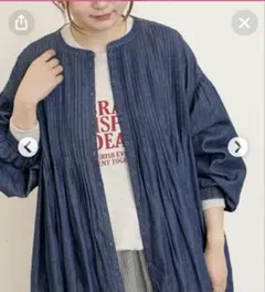 Samansa Mos2 綿麻デニムピンタックワンピース ネイビー Mのサムネイル