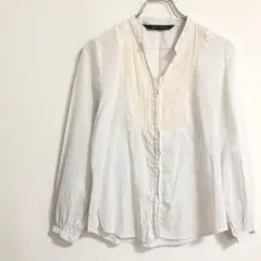 ZARAWOMAN 長袖シャツ　絹　ストライプ　ノーカラー透け感有　a3896