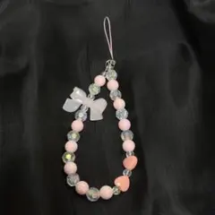 ピンク　ビーズリボン　携帯ストラップ　ビーズストラップ　キーホルダー　キーリング