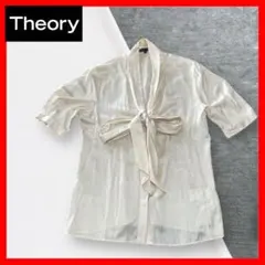 【theory】セオリー　オフホワイトサテンボウタイ半袖ブラウス　リボンシャツ