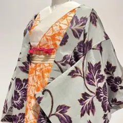 銘仙アンティーク羽織◇グレー地に紫の花唐草