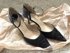 MIMO 刺繍ビーズ装飾 ブラックハイヒール 24センチ《結婚式、パーティー◎》