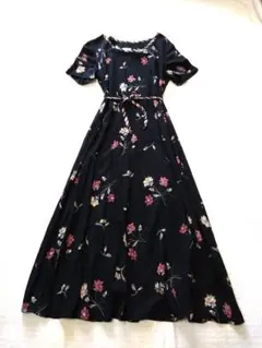 美品】ローラアシュレイ 花柄カシュクールストレッチワンピース 黒 11