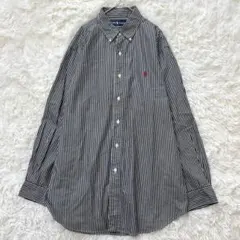 ラルフローレン ストライプ長袖シャツ 黒白 刺繍ロゴ L クラシックフィット