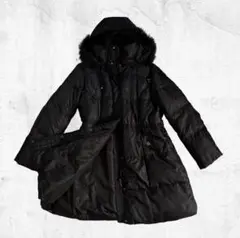 リアルファー ダウン80% ロングダウンコート フード付き ブラック 防寒