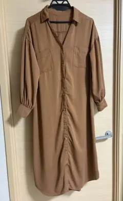 ブラウン 長袖シャツドレス Ｌ　シャツワンピース　ロングシャツ　オーバーシャツ