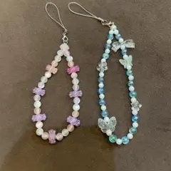 携帯ストラップ 2本セット　クマと蝶　リボン　ピンク　ブルー