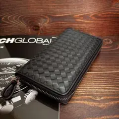 D1 ラムレザー　財布　羊革　本革　イントレチャート　編み込み　黒■ブラック