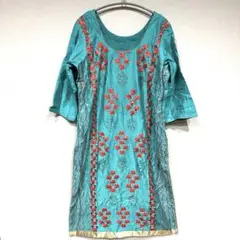 エスニック刺繍ワンピース ターコイズ 花柄刺繍 7分袖 チュニック インド