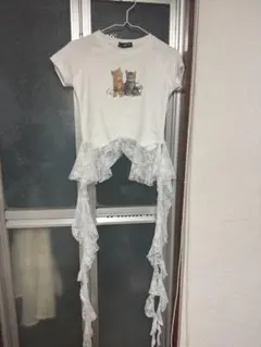 Tシャツ レディース 半袖 猫柄 プリント レース アシンメトリー 個性的