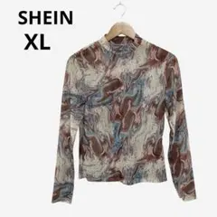 SHEIN マーブル模様 長袖Tシャツ ハイネック シアー かわいい 個性 XL