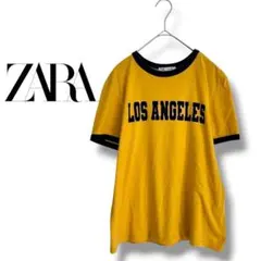 【ザラ】Tシャツ　半袖　クルーネック　リンガーシャツ　英字ロゴ　イエロー　L