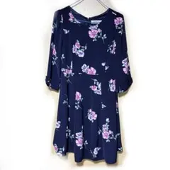 フラワープリント ネイビー ワンピース M