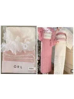 GRL レース白浴衣・ピンク帯セット　フリル帯揚げ　パール蝶々帯締め付き