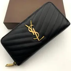 鑑定済み サンローラン 長財布 ラウンドファスナー カサンドラ YSL 金具 黒