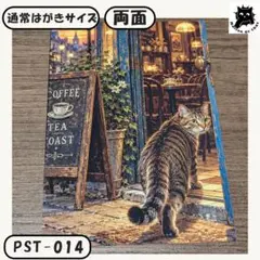 青い扉の喫茶店で振り返る猫 ポストカード PST-014
