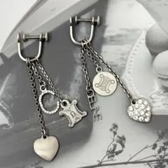 【美品】セリーヌ ブラゾン ハート イヤリング ピアス シルバー ラインストーン