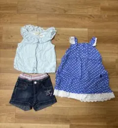 100cm まとめ売り水色フリルトップス・水玉ドレス・デニムショートパンツ