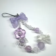 紫 ビーズストラップ ビーズキーホルダー 透明 キラキラ