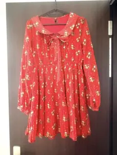 【美品】INGNI 花柄 長袖 ブラウス 赤 プリーツ リボンワンピース Mのサムネイル