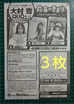 ３枚　応募用紙　ヤングチャンピオン２０号　大村杏　クオカード　応募者全員サービス