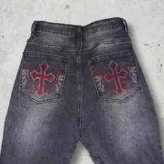 ク*ロ様 平成ギャル 神 デニム ★ フレア 十字架 ラインストーン y2k ク