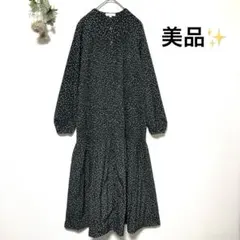 PLST｜ドット柄プリーツティアードロングワンピース｜マキシ丈｜バンドカラー｜S