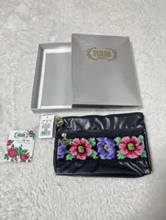FEILER 花柄刺繍 ポーチ 黒