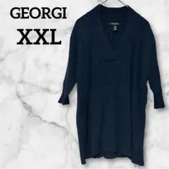 良品✨GEORGI 【XXL】　ダークネイビー Vネック ニット 五部袖　無地