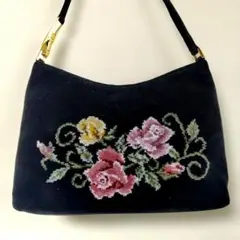 花柄刺繍 ネイビー ハンドバッグ