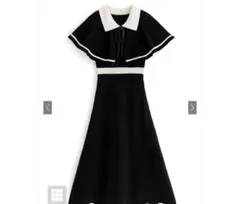 ケープカラー付き配色ラインフレアニットワンピース【新品、未使用】