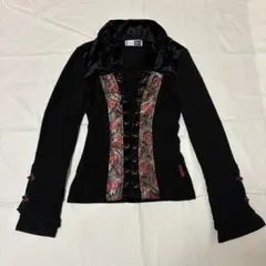 Ozz On ブラック長袖シャツ ベロア チャイナ服 刺繍 花柄 赤 レッド