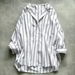 極美品 GALERIE VIE コットンリネン バンドカラーシャツ ストライプ 極美品 GALERIE VIE コットンリネン バンドカラーシャツ ストライプ