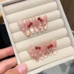 【S様限定】 ネイルチップ ハンドメイド キティ風 リボン×パール 推し活