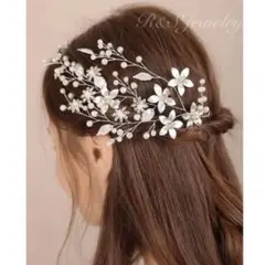 シルバー花リーフヘッドドレスヘアアクセサリーブライダル結婚式 髪飾りウェディング