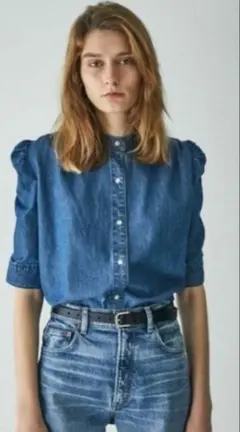 MOUSSY パフスリーブデニムシャツ　マウジー　ワンウォッシュブルー　七分袖