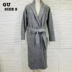 美品 GU S ウール混ロングコート ベルト付 グレー ガウンコート[6457]
