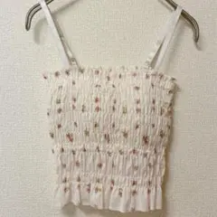 カップ付き 小花柄 シャーリング キャミソール ピンク ホワイト ガーリー