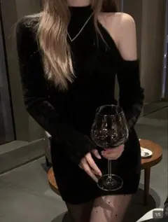 韓国 ワンショルダー ニットワンピース ブラック ミニワンピ タイトワンピ