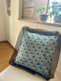 青グレー系　ブロックプリント　クッションカバー　45×45 ハンドメイド